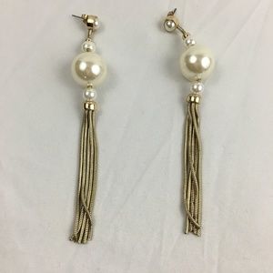 Zara Gold Pearl Dangle Tassel Statement Earrings